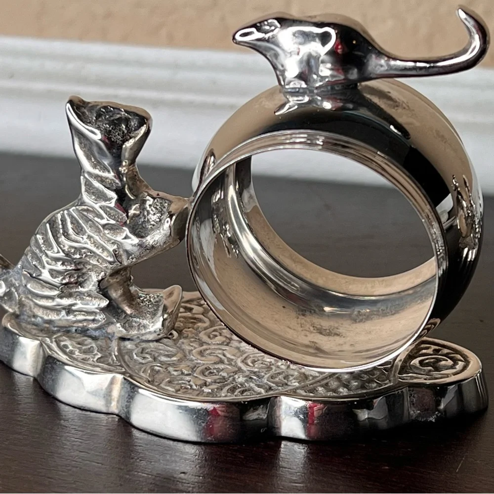 Vintage Cat and Mouse Napkin Rings Pair, Fine Dining, Silver Tone, Thanksgiving